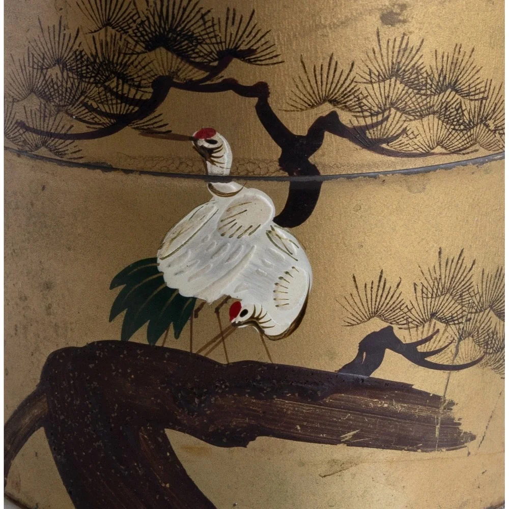 Vintage Japanese Tea Tin Chazutsu Caddy Metal Hand Painted Cranes Tress 4